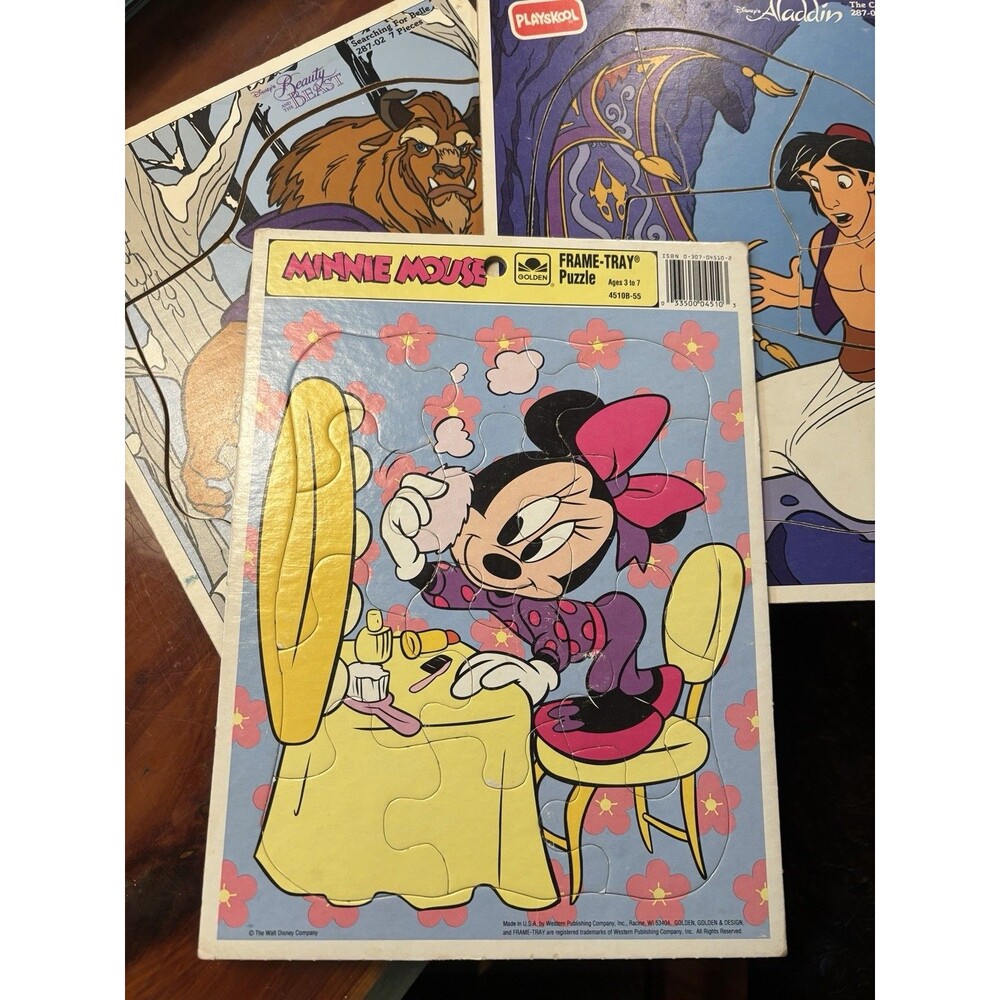 Playskool Golden Disney Frame-Tray Puzzles Aladdin Beauty Beast Minnie Mouse